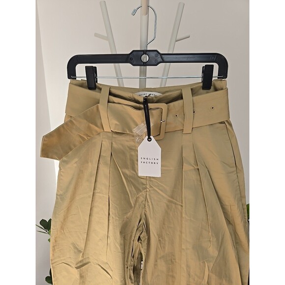 English Factory Trousers Women's Small Cropped Tan High Rise Belted Waist Pleat - Picture 2 of 10